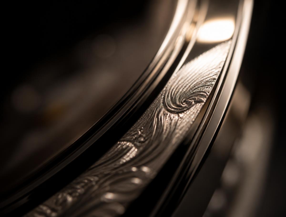 Macro di un codice inciso su superficie in platino lucido