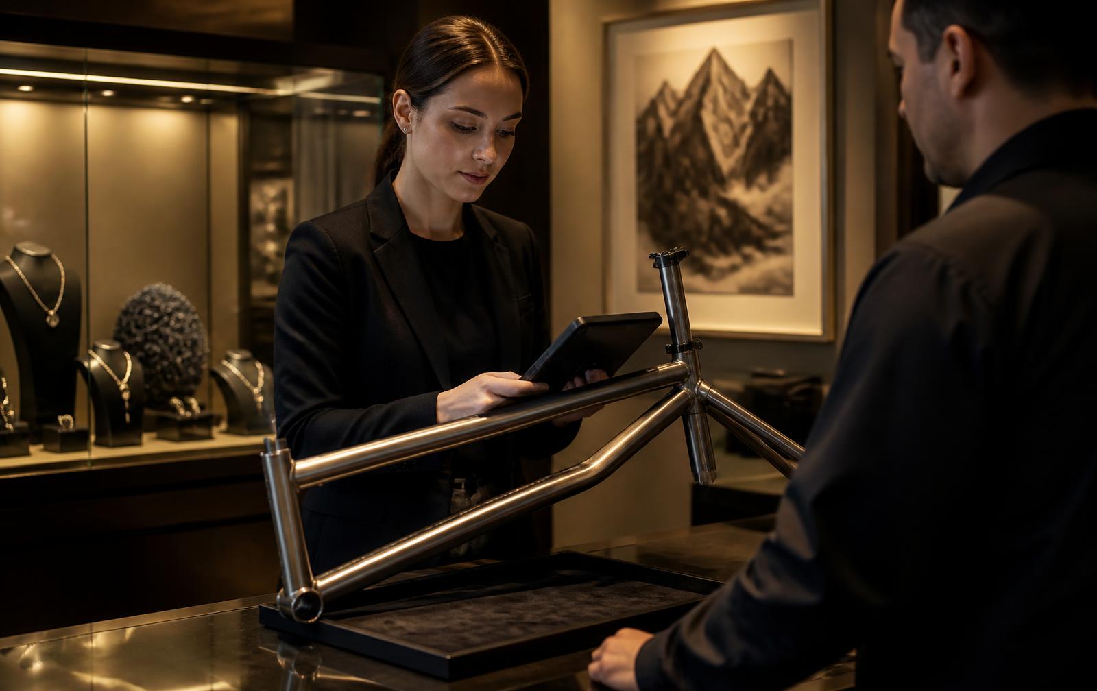 Al banco di un punto vendita autorizzato un telaio in titanio viene identificato con il tablet, accanto a una vetrina di gioielleria e a un'opera incorniciata