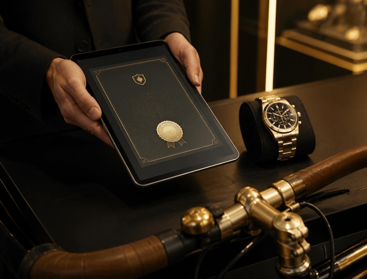 Un operatore mostra il certificato digitale accanto a un orologio e al manubrio di una bicicletta