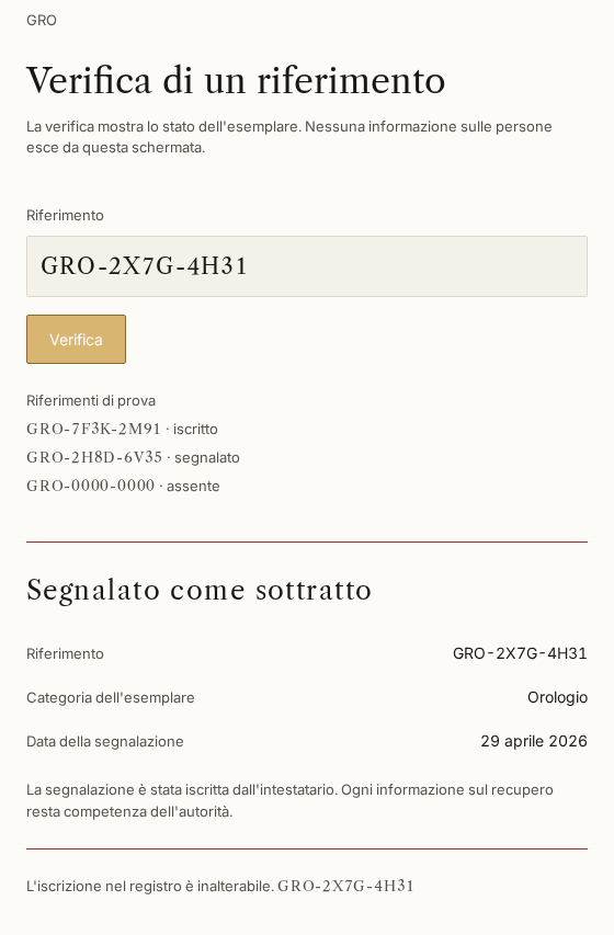 Verifica pubblica: esemplare segnalato come sottratto