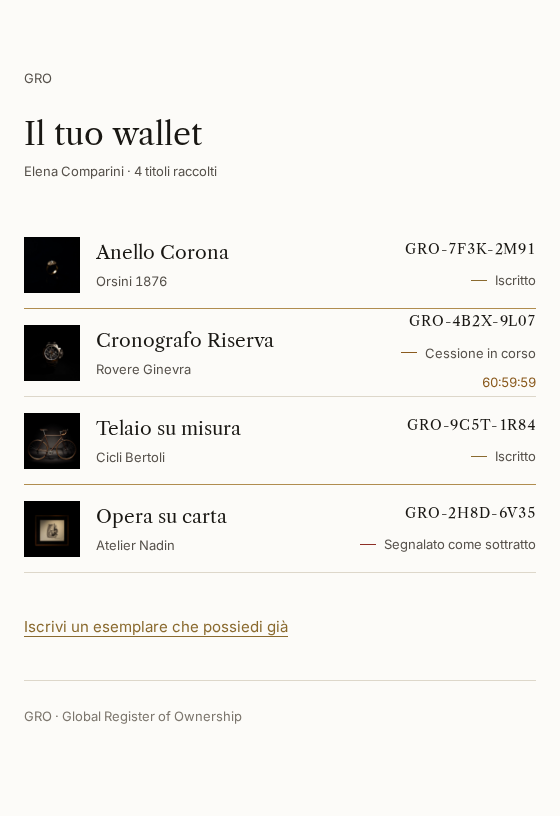 Wallet di Elena Comparini: elenco dei titoli raccolti