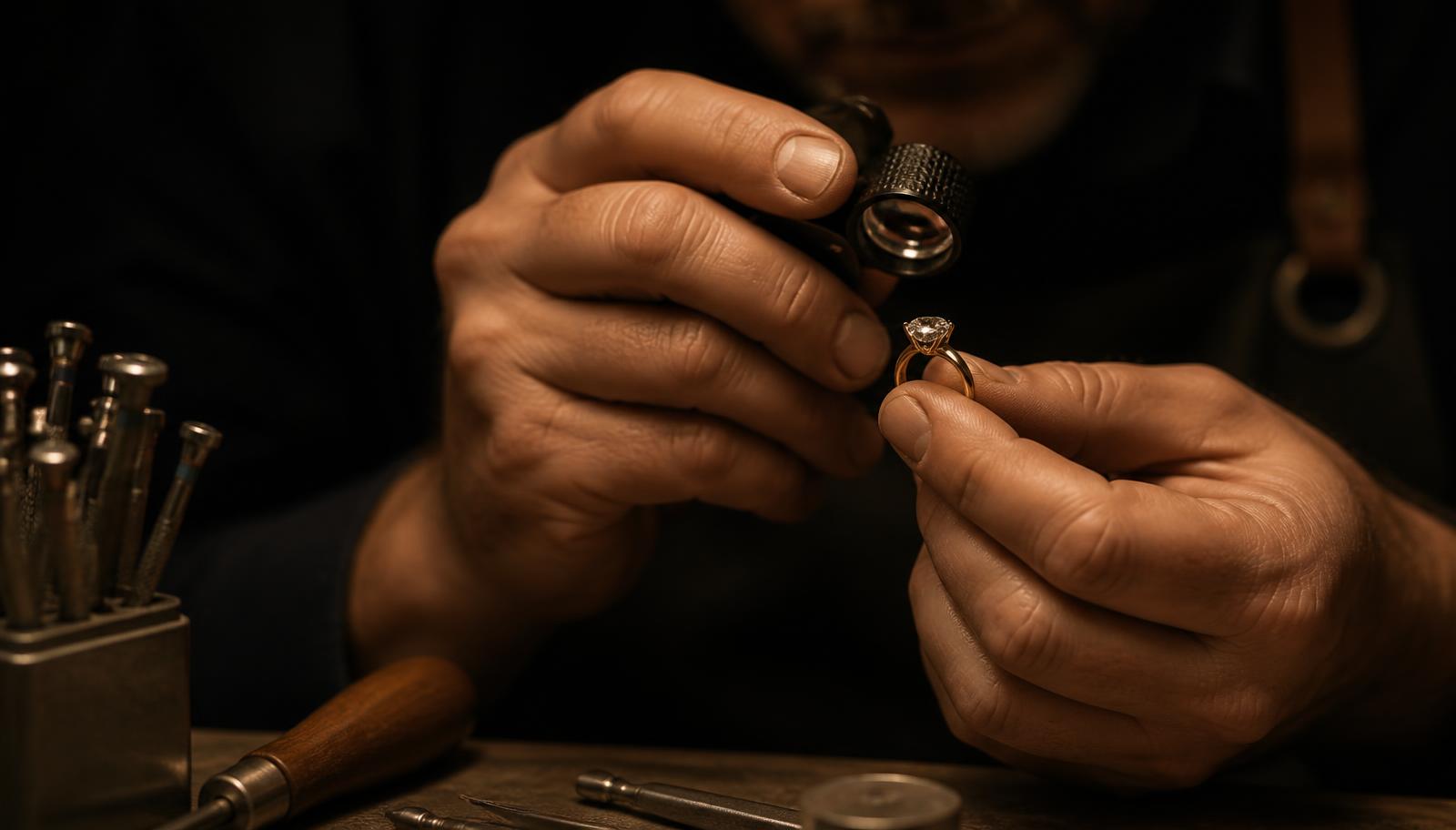 Le mani di un gioielliere alla lente